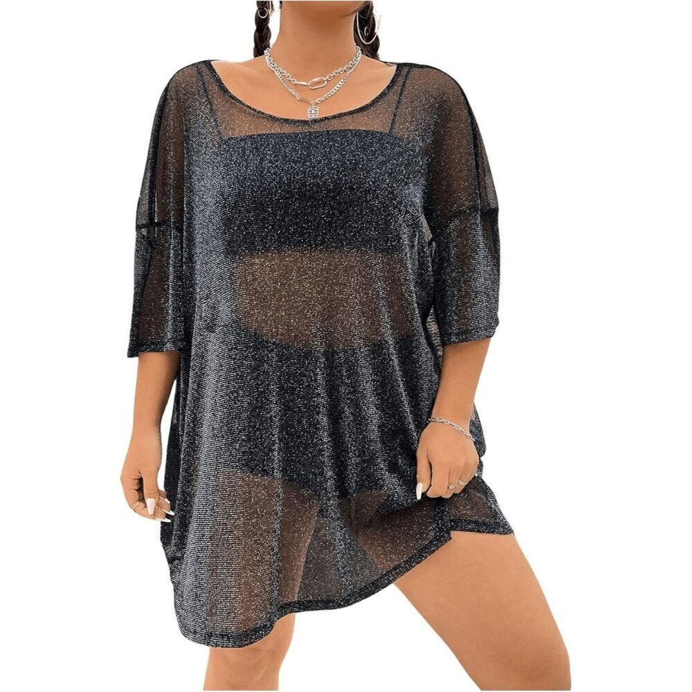 Women's Plus Size Mesh Glitter T Shirt Crewneck Drop Shoulder Party Top